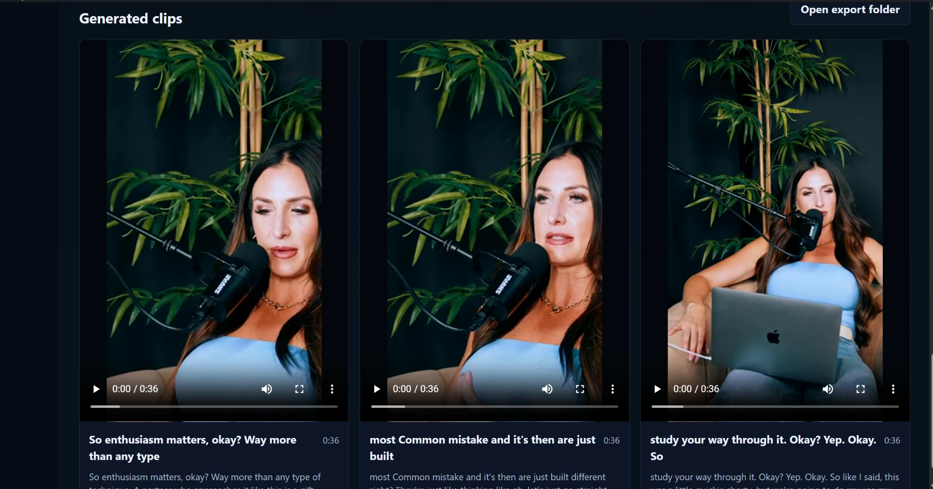 Real ClipFree output screen showing three generated vertical video clips
